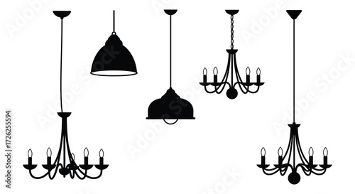 Various hanging light fixtures displayed in a minimalist black silhouette