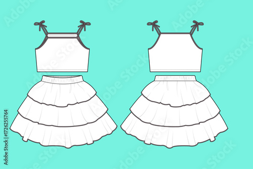 Baby Girls Sleeveless Crop Camisole Top and Tiered Ruffle Skirt Set Technical Flat Sketch Vector Template.