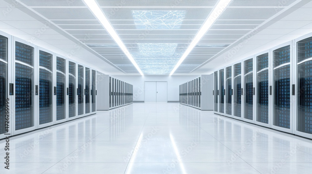 Fototapeta premium Brightly lit modern data center corridor with long rows of server racks displaying blue operational lights