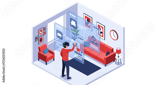 A person wearing a virtual reality headset interacts with holographic screens displaying information in a modern living room.