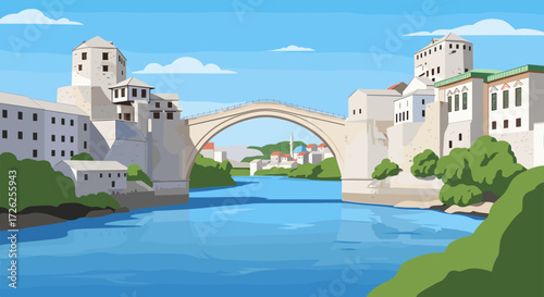 An iconic stone arch bridge spans a vibrant blue river connecting historic stone buildings under a clear sky.
