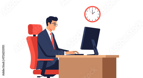 A businessman working diligently at his computer desk while a clock on the wall indicates the passage of time.