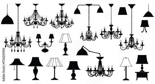 Diverse collection of elegant chandeliers and lamps in black silhouette