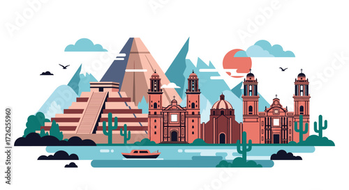 A vibrant illustration of ancient ruins and colonial architecture under a sunset sky.
