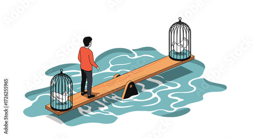 A person balancing on a seesaw with birdcages of equal weight on either side.