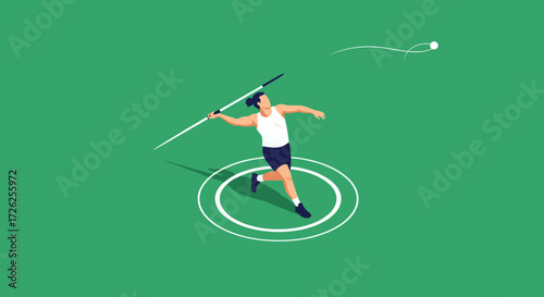 An athlete is shown in the middle of a javelin throw at a sporting event on a green field.
