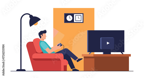 Man relaxing in armchair playing video games on television.