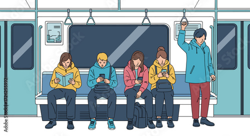 A diverse group of young people are traveling together on a subway train engrossed in their devices.