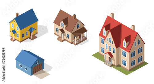 A collection of diverse residential buildings depicted in a colorful isometric style on a white background.