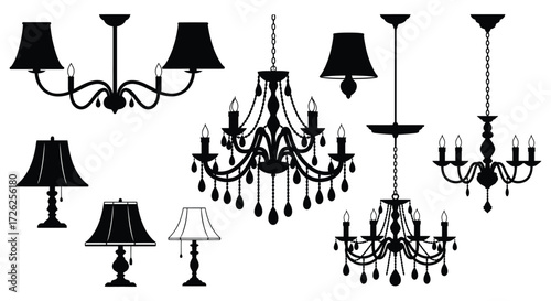Collection of ornate chandeliers and lamps in a striking black silhouette