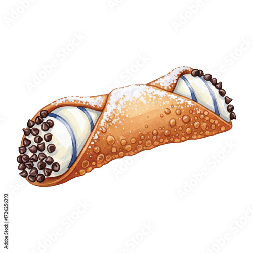 Watercolor Cannoli Pastry Vector Illustration Isolated on White Background, Italian Dessert with Cream Filling and Chocolate Chip Clipart for Bakery Design
