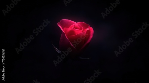 A single vibrant red rosebud with delicate petals illuminated against a dramatic dark black background
