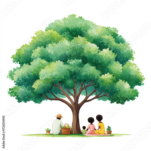 People relaxing under a large tree enjoying the shade and company.