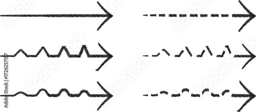 Set of different arrow line styles including straight, dashed, and wavy. Useful for diagrams, charts, and graphic design projects. A versatile collection of hand-drawn directional arrows.
