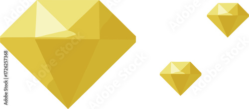 Golden faceted diamonds in various sizes, shiny geometric gemstones on white background, luxury abstract design for wealth, branding, and digital art