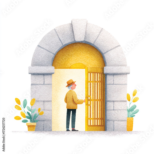 Person opening a bright doorway with plants on the sides.