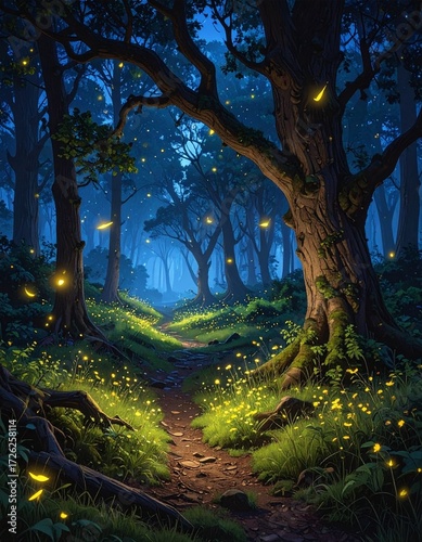 An enchanted forest during blue hour with a trail and fireflies. 