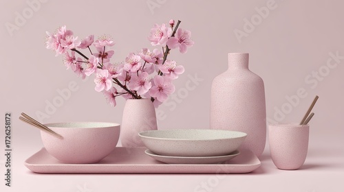 Pink ceramic tableware with cherry blossoms.