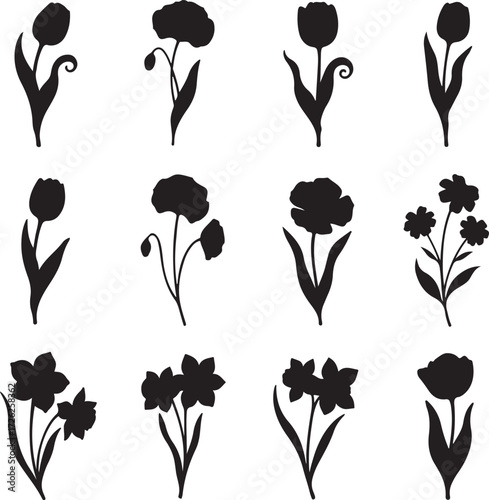 Elegant Floral Silhouettes: A collection of stylized floral silhouettes gracefully arranged, embodying simplicity and artistic expression, inviting contemplation of the natural beauty.