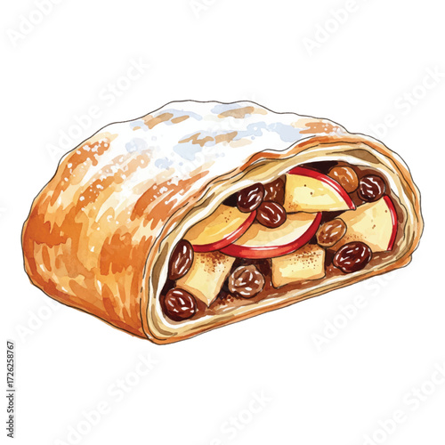 Watercolor vector illustration of apple strudel pastry with fruits and raisins on white background, traditional dessert clipart
