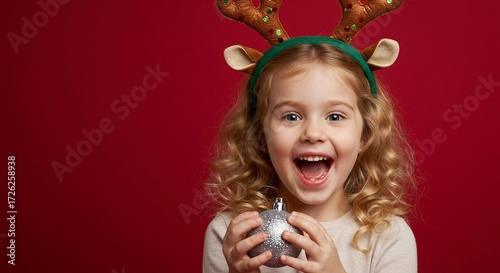 Excited child with reindeer antlers holds a sparkly ornament against a red background, radiating joy for the festive season.
