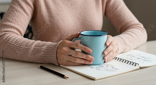 Person holding light blue mug over sketchbook with pencil hands