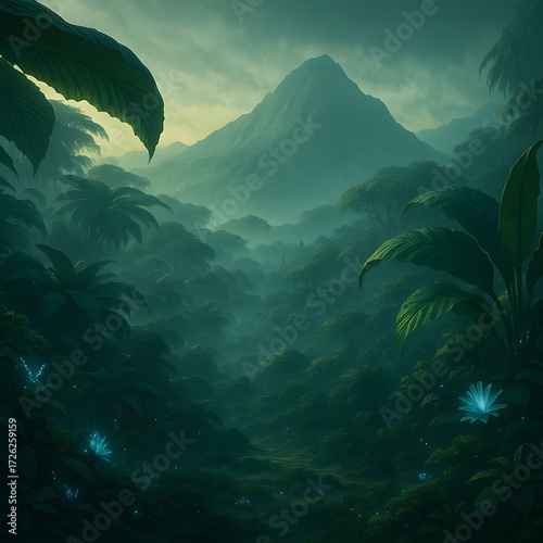Lush green fantasy jungle with glowing light through misty mountains, creating a dreamy and mystical landscape. Perfect for adventure posters and games.