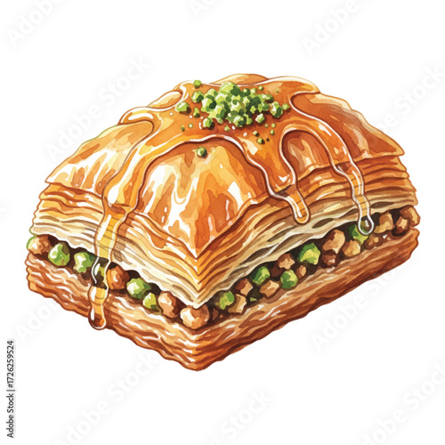 Watercolor vector illustration of baklava pastry with pistachio and honey syrup on white background, Middle Eastern dessert clipart

