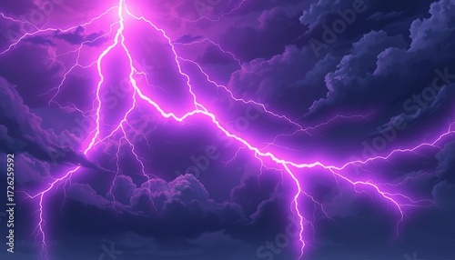 Fiery purple lightning strikes across a dark, stormy anime sky,  abstract,  glowing