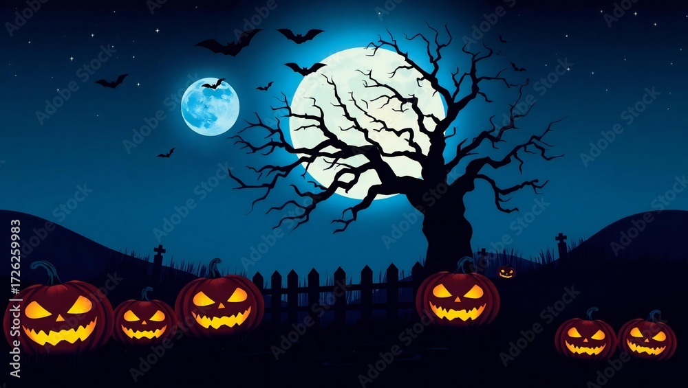 Fototapeta premium Spooky halloween night with carved pumpkins and full moon