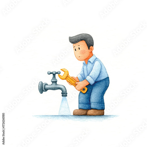 Plumber fixing a leaky faucet with a wrench in hand.