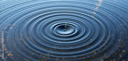 Concentric circles expanding outwards from a central point on a still water surface,  droplet,  reflection