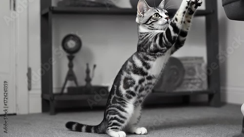 feline with contrasting dark and light patterned fur is erect on its posterior limbs swatting with its forepaw towards item outside the frame of view