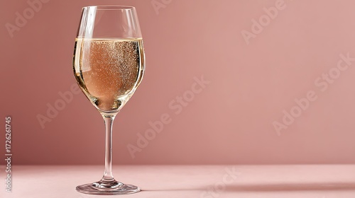 Elegant minimal champagne glass on left with wide blank soft gradient background for luxury celebration, festive party, sparkling drink presentation, and refined beverage concepts.