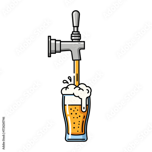 Beer tap pouring fresh drink into glass with foam overflowing in vector illustration, creating a refreshing and inviting visual