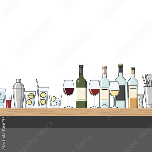 Bar scene illustration featuring various drinks and bottles on the counter top showcasing a stylish setting