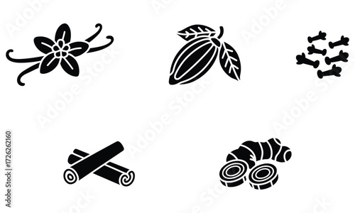 Spices and herbs silhouette icons set with vanilla cocoa cloves cinnamon ginger
