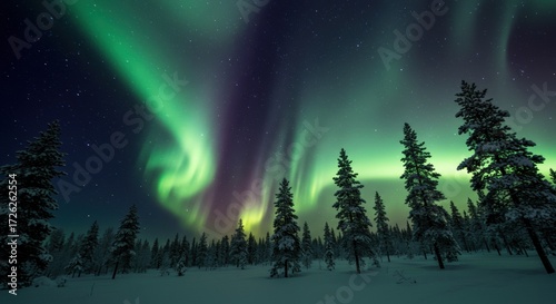 Fototapeta Naklejka Na Ścianę i Meble -  Captivating aurora borealis dance over snowy forest lapland nature nighttime scenic natural wonder