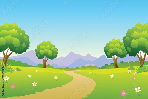 A peaceful landscape with a winding path trees and distant mountains