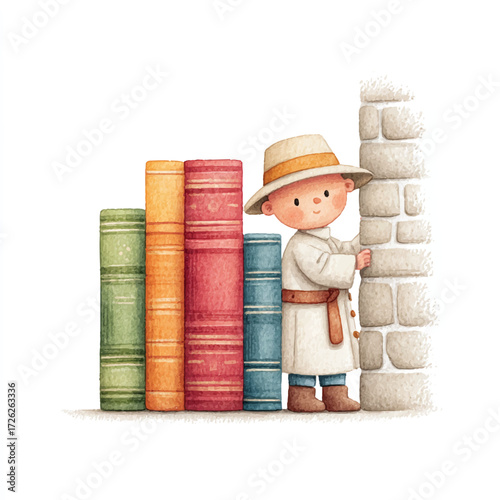 Small boy in a straw hat standing next to a stack of colorful books and a pile of white blocks.