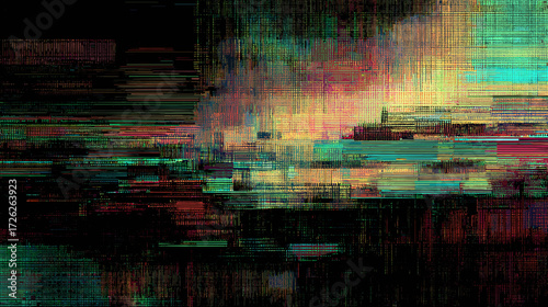 Abstract glitch art with colorful lines and distortions  