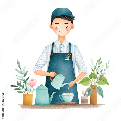 Smiling barista tending plants and preparing coffee.