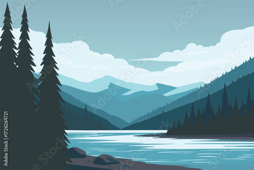 Serene mountain landscape with a calm lake and distant layered peaks