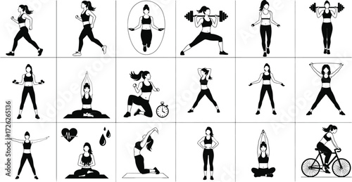 Collection of women doing various exercises including running yoga and weightlifting in black and white