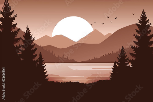 Serene landscape featuring mountains a lake and a glowing full moon