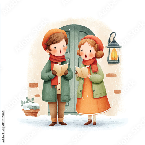 Two carolers singing Christmas carols in front of a door.