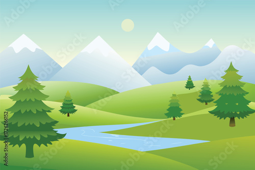 A serene landscape featuring mountains trees and a winding blue river