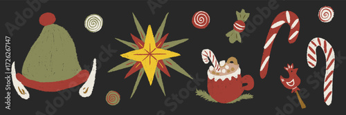 Christmas chalk collection. Elf hat, festive star, hot drink with marshmallow in cup, candy cane sticks. Crayon textured cute naive kids sketch style. Vector whimsical holiday illustration isolated