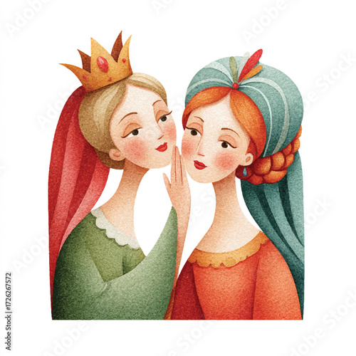 Two princesses sharing a secret, whispering in a playful and intimate moment.