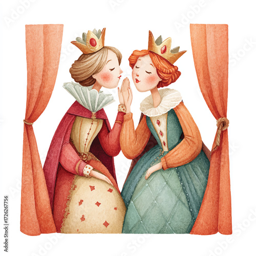 Two queens in regal attire sharing a secret behind theater curtains.